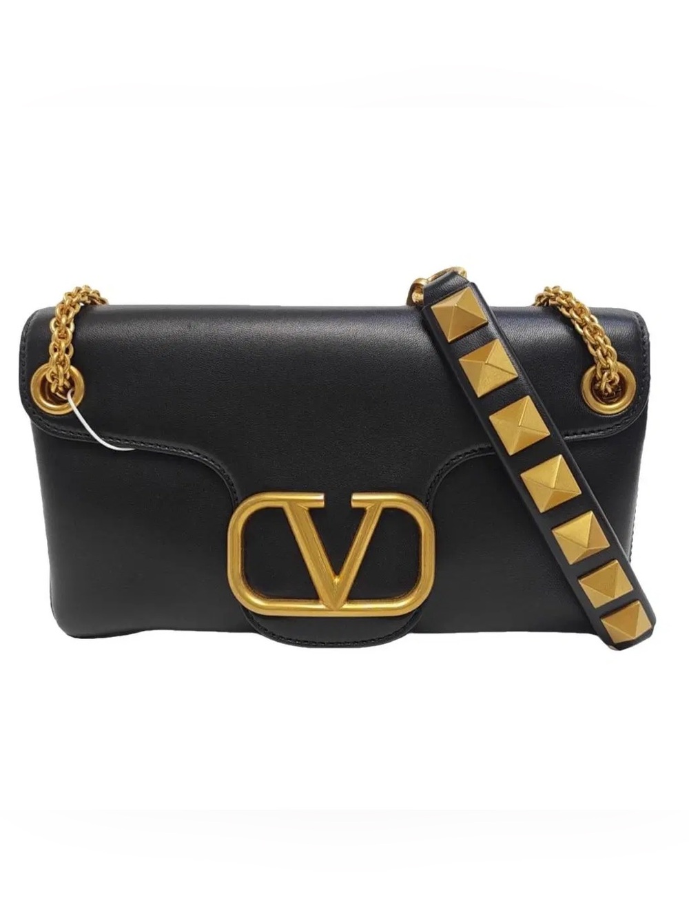 Valentino Garavani Black Leather stud sign VLogo Chain Crossbody